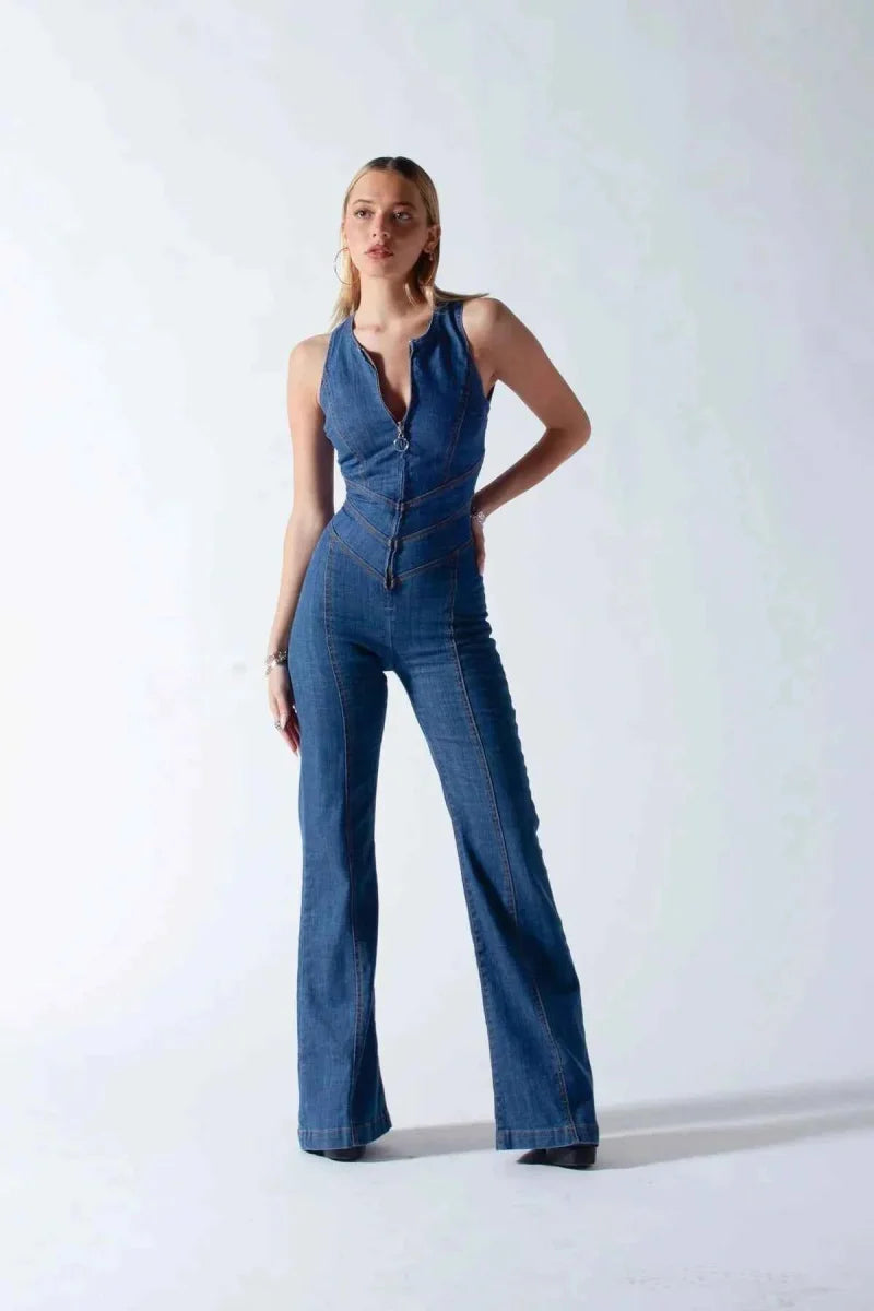 Women's Sleeveless Zip Front Denim Flare Jumpsuit