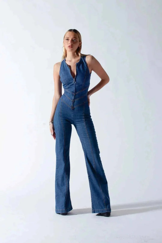 Women's Sleeveless Zip Front Denim Flare Jumpsuit