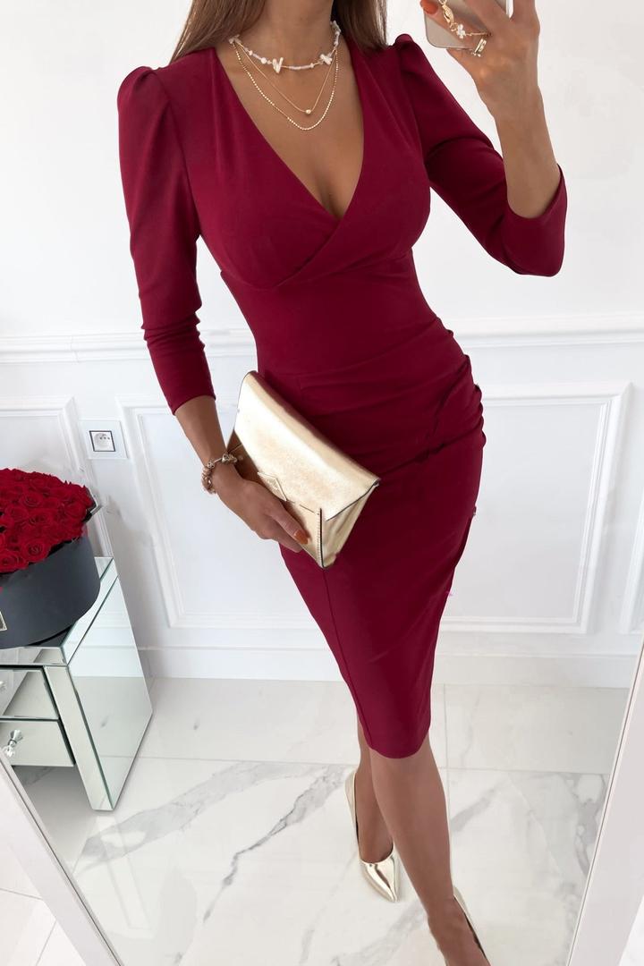 Women's Elegant Ruched V-Neck Bodycon Midi Dress