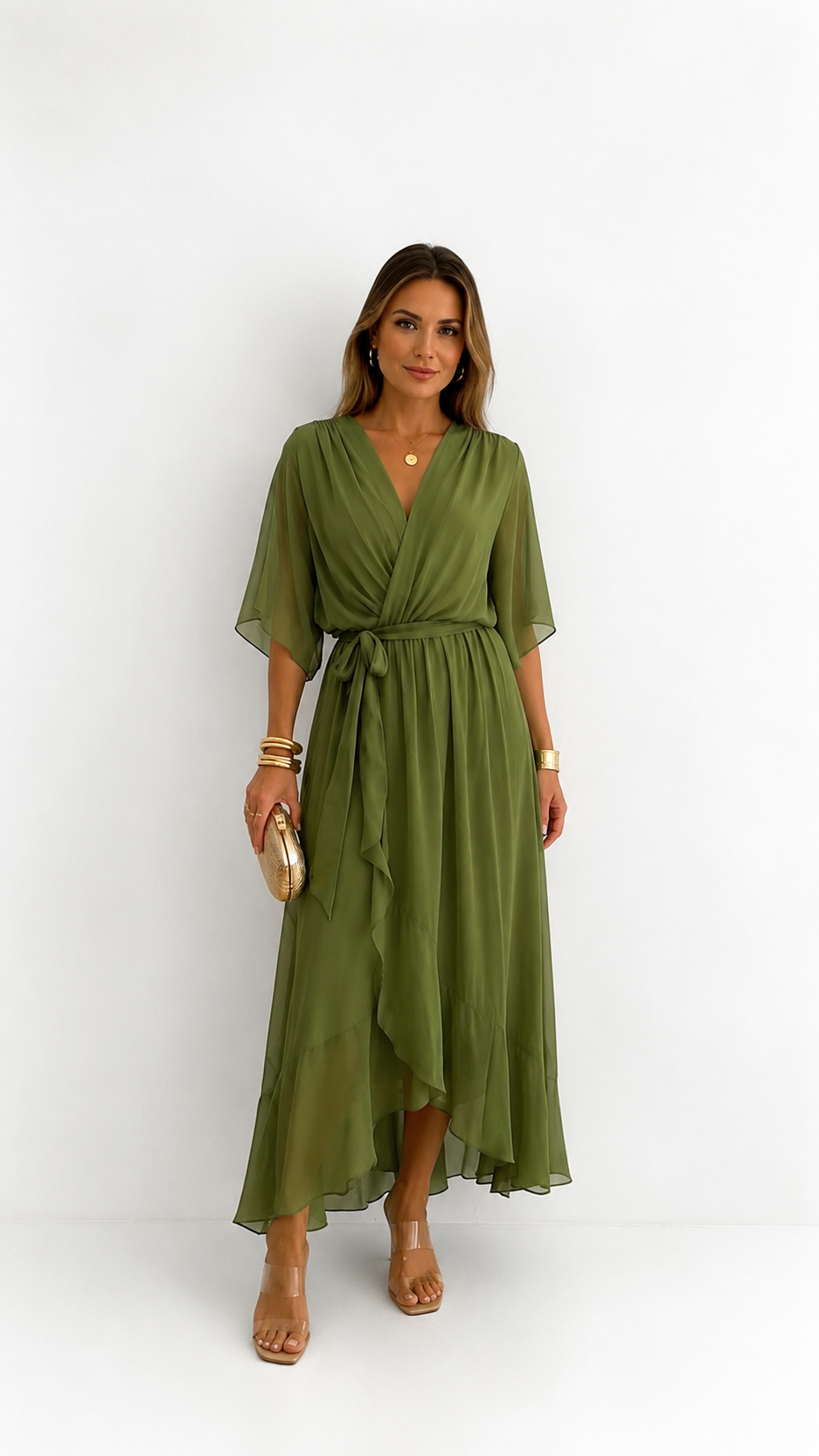 Women's V-Neck Tie Waist High Low Midi Dress