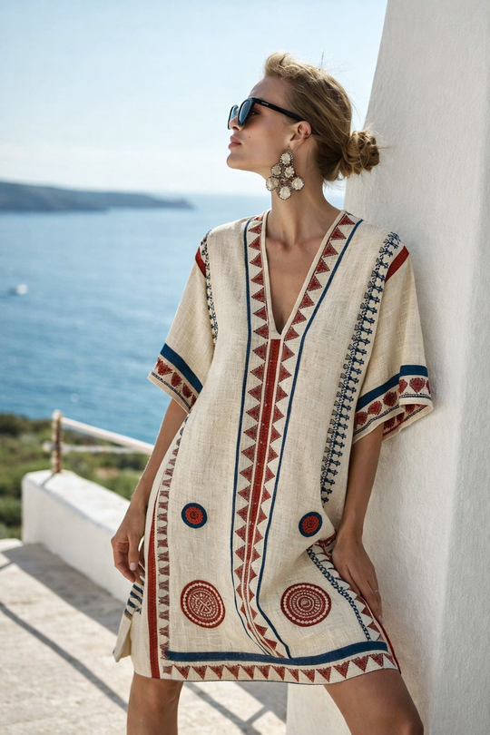 Women's Bohemian Printed V-Neck Beach Cover Up Dress