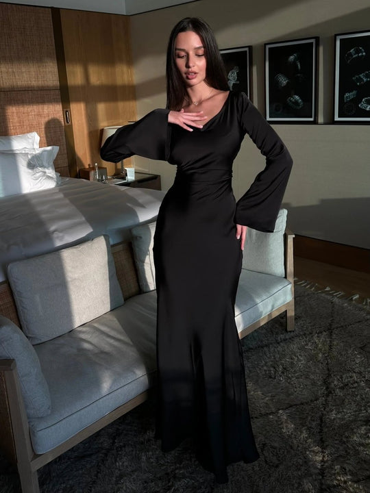 Women's Satin Long Sleeve Mermaid Maxi Dress
