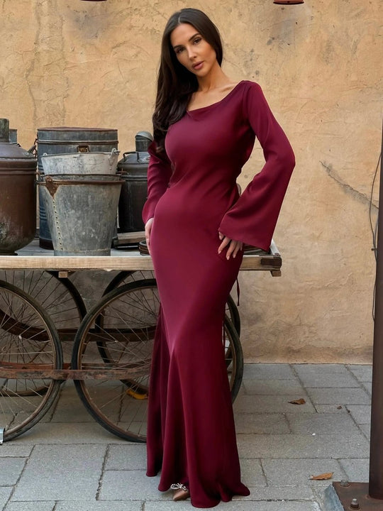 Women's Satin Long Sleeve Mermaid Maxi Dress