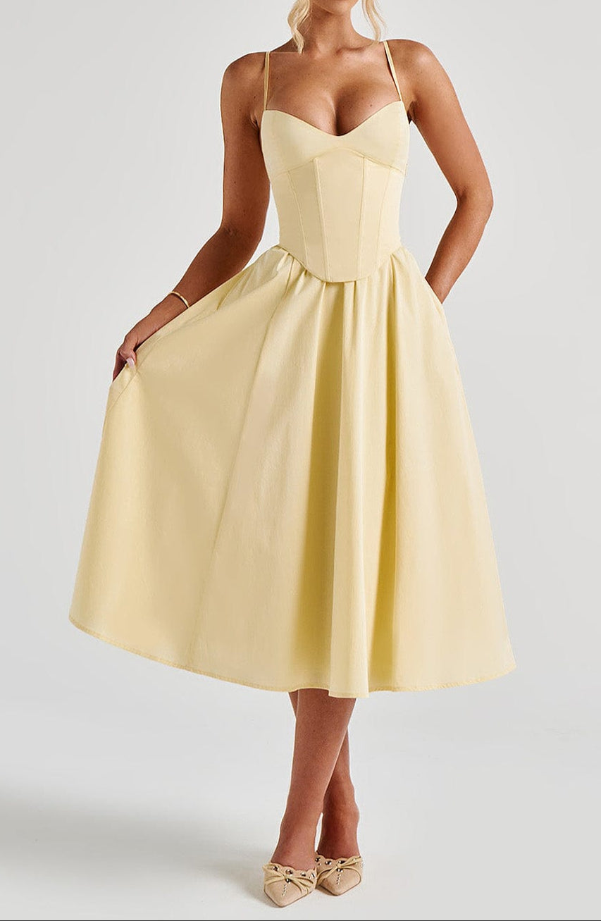 Women's Corset Midi Dress with Flared A-Line Skirt