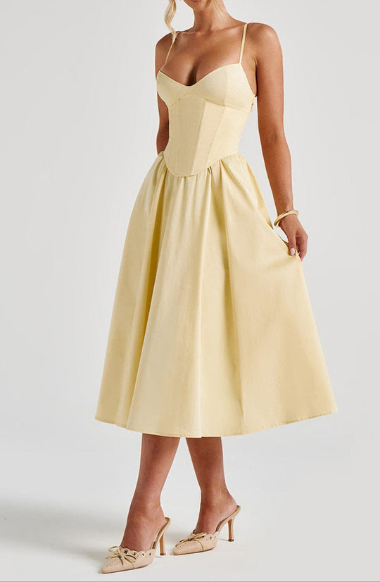 Women's Corset Midi Dress with Flared A-Line Skirt