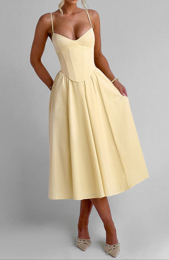 Women's Corset Midi Dress with Flared A-Line Skirt