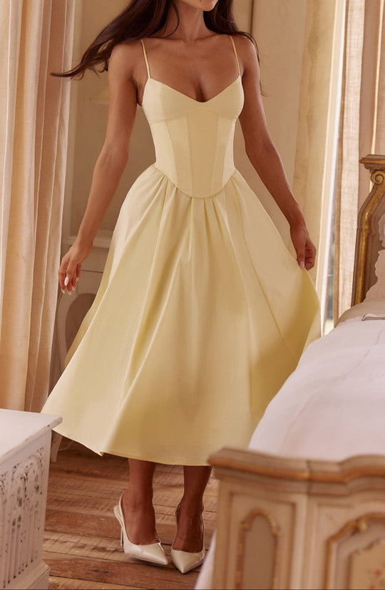 Women's Corset Midi Dress with Flared A-Line Skirt