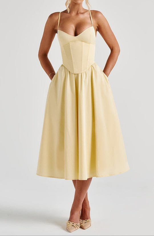 Women's Corset Midi Dress with Flared A-Line Skirt