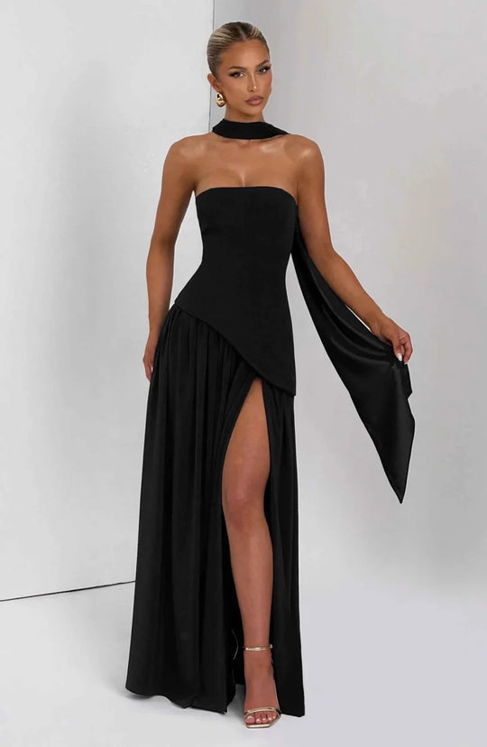 Women's Strapless Asymmetrical High Slit Evening Maxi Dress with Scarf