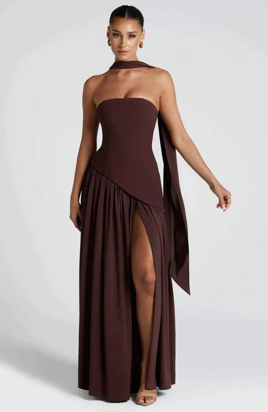 Women's Strapless Asymmetrical High Slit Evening Maxi Dress with Scarf
