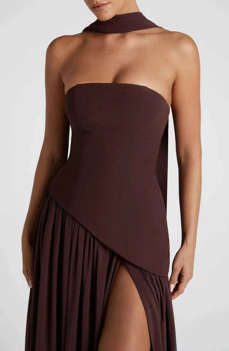 Women's Strapless Asymmetrical High Slit Evening Maxi Dress with Scarf