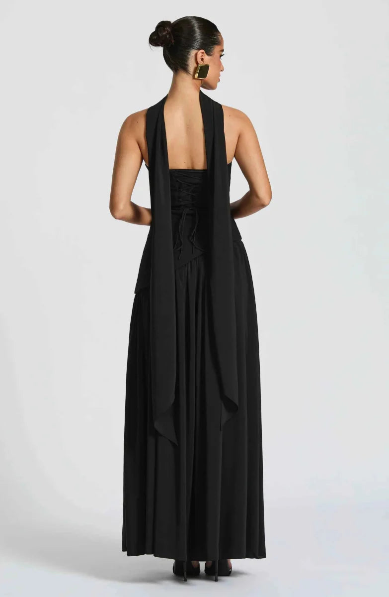 Women's Strapless Asymmetrical High Slit Evening Maxi Dress with Scarf