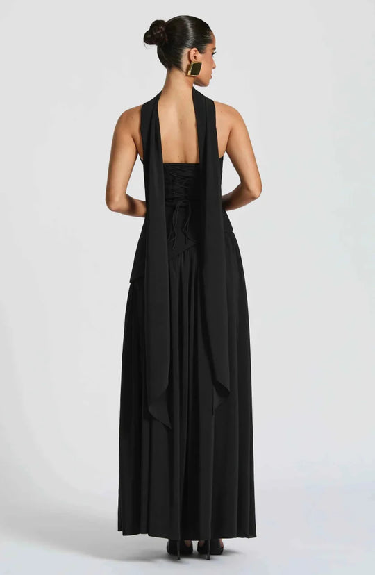 Women's Strapless Asymmetrical High Slit Evening Maxi Dress with Scarf
