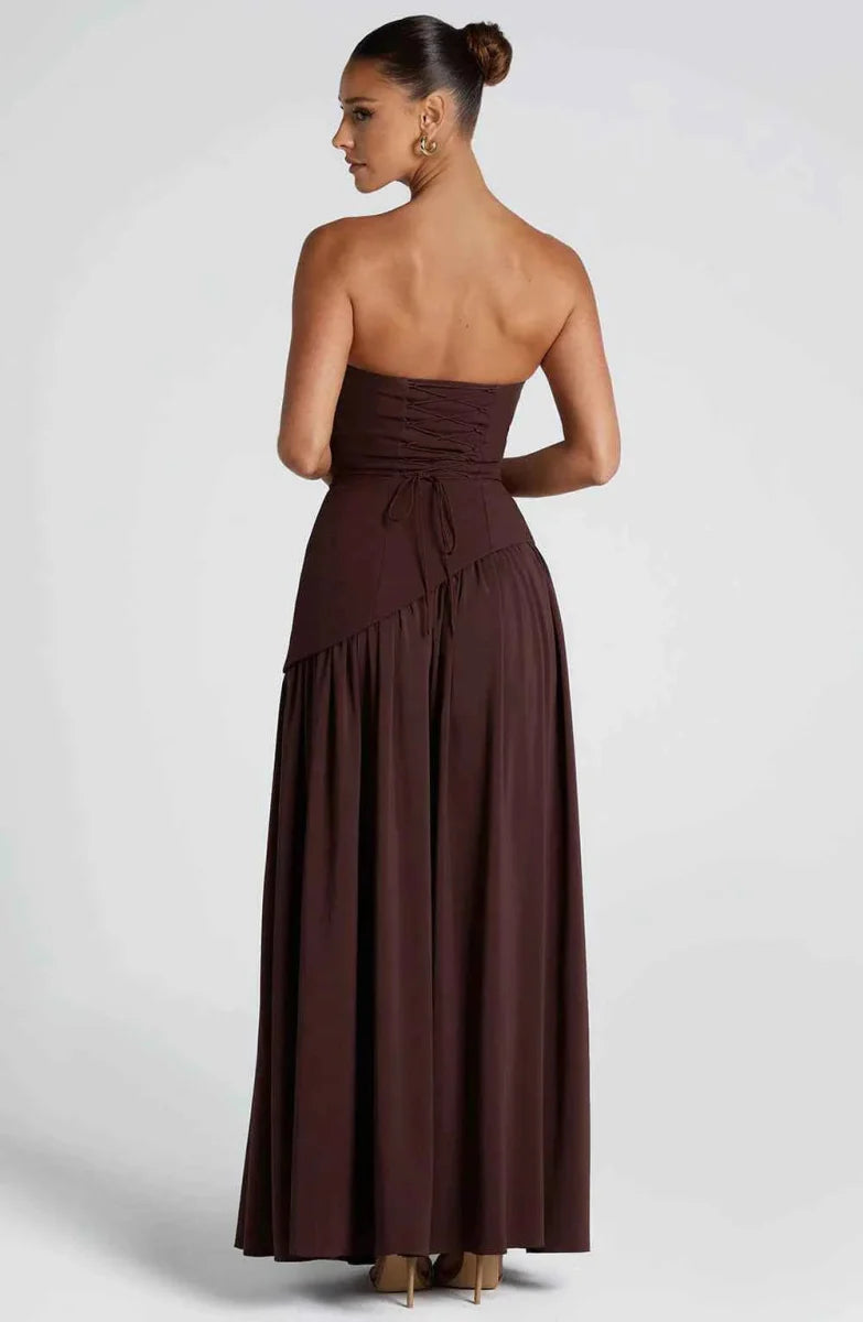 Women's Strapless Asymmetrical High Slit Evening Maxi Dress with Scarf