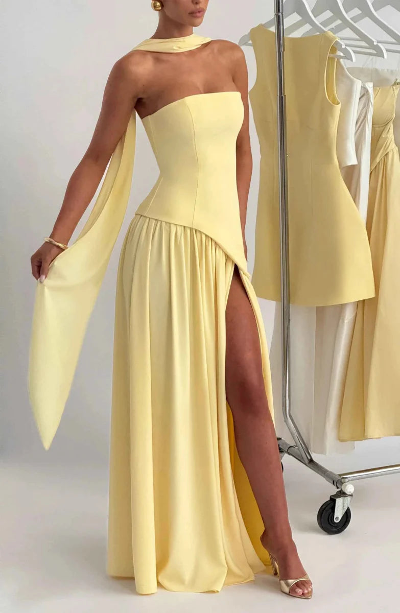 Women's Strapless Asymmetrical High Slit Evening Maxi Dress with Scarf
