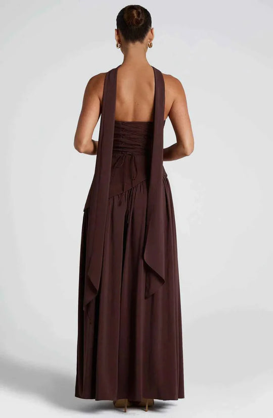 Women's Strapless Asymmetrical High Slit Evening Maxi Dress with Scarf