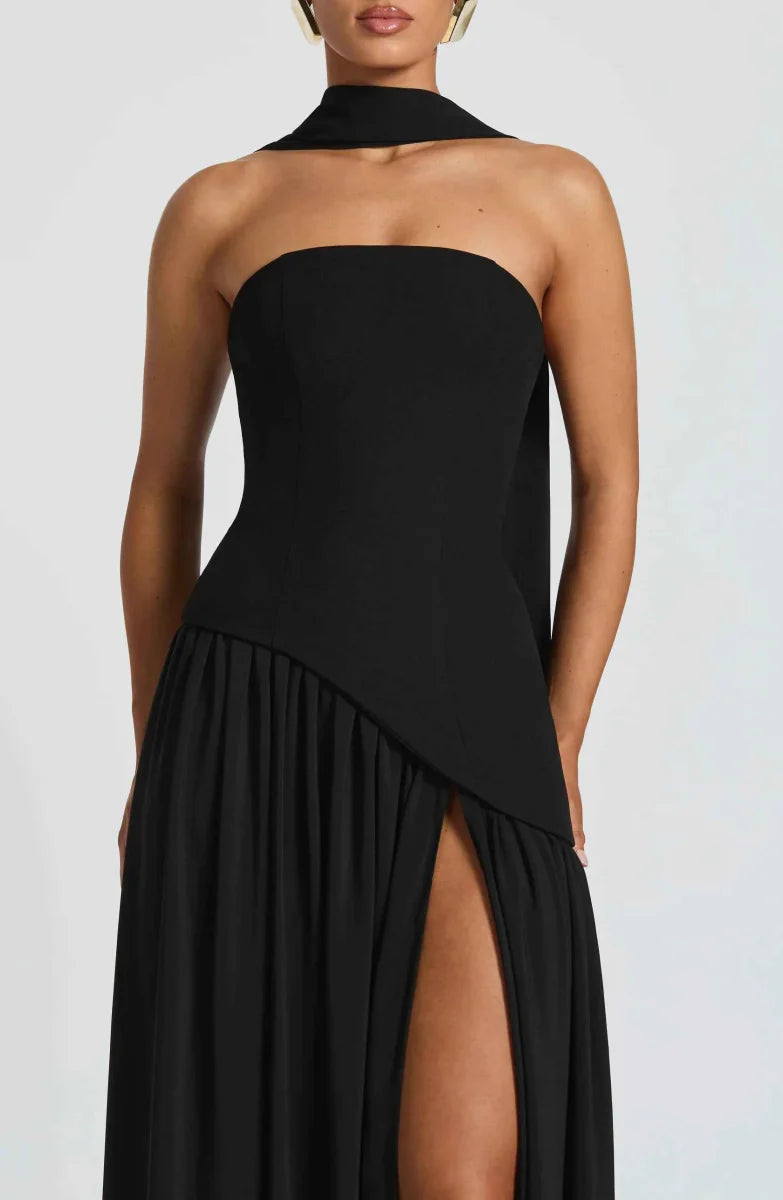 Women's Strapless Asymmetrical High Slit Evening Maxi Dress with Scarf