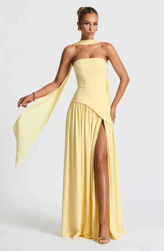 Women's Strapless Asymmetrical High Slit Evening Maxi Dress with Scarf