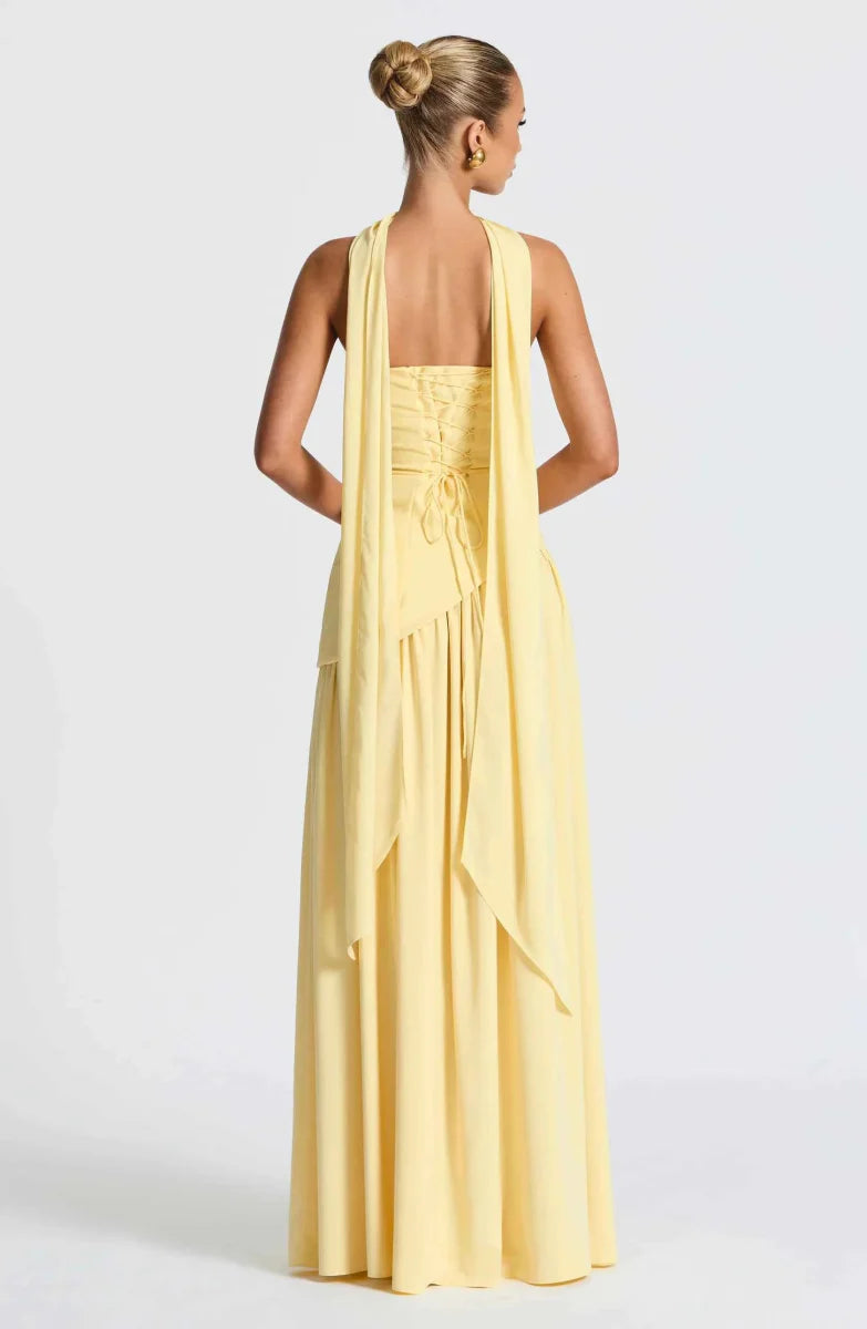 Women's Strapless Asymmetrical High Slit Evening Maxi Dress with Scarf
