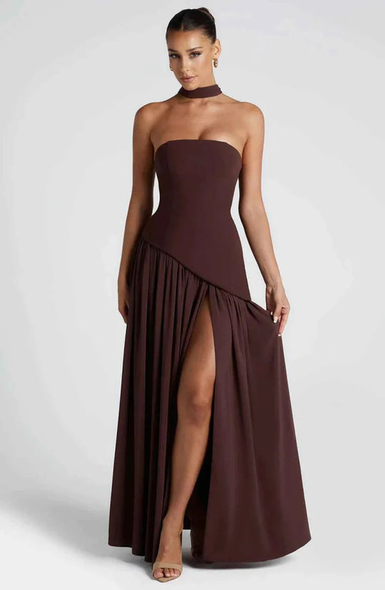 Women's Strapless Asymmetrical High Slit Evening Maxi Dress with Scarf