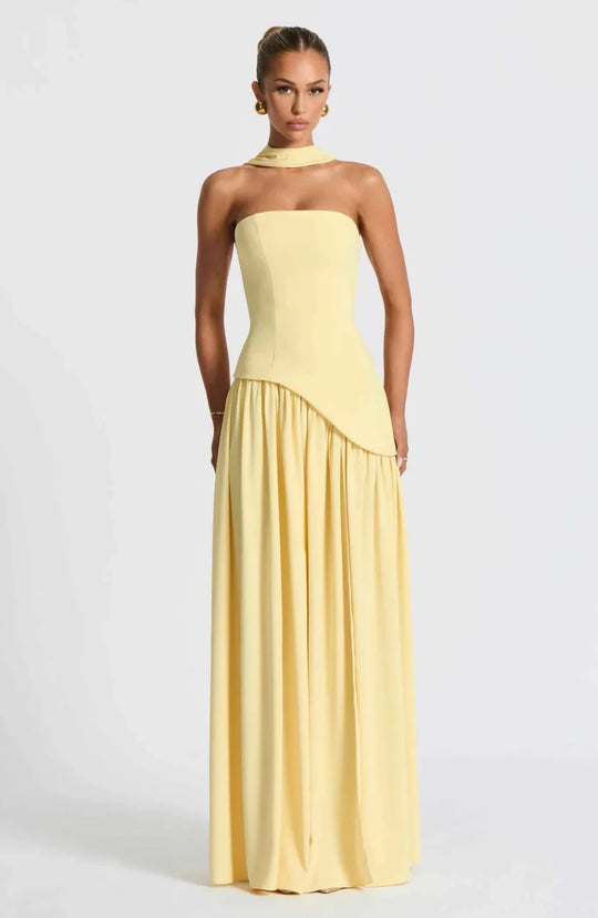 Women's Strapless Asymmetrical High Slit Evening Maxi Dress with Scarf