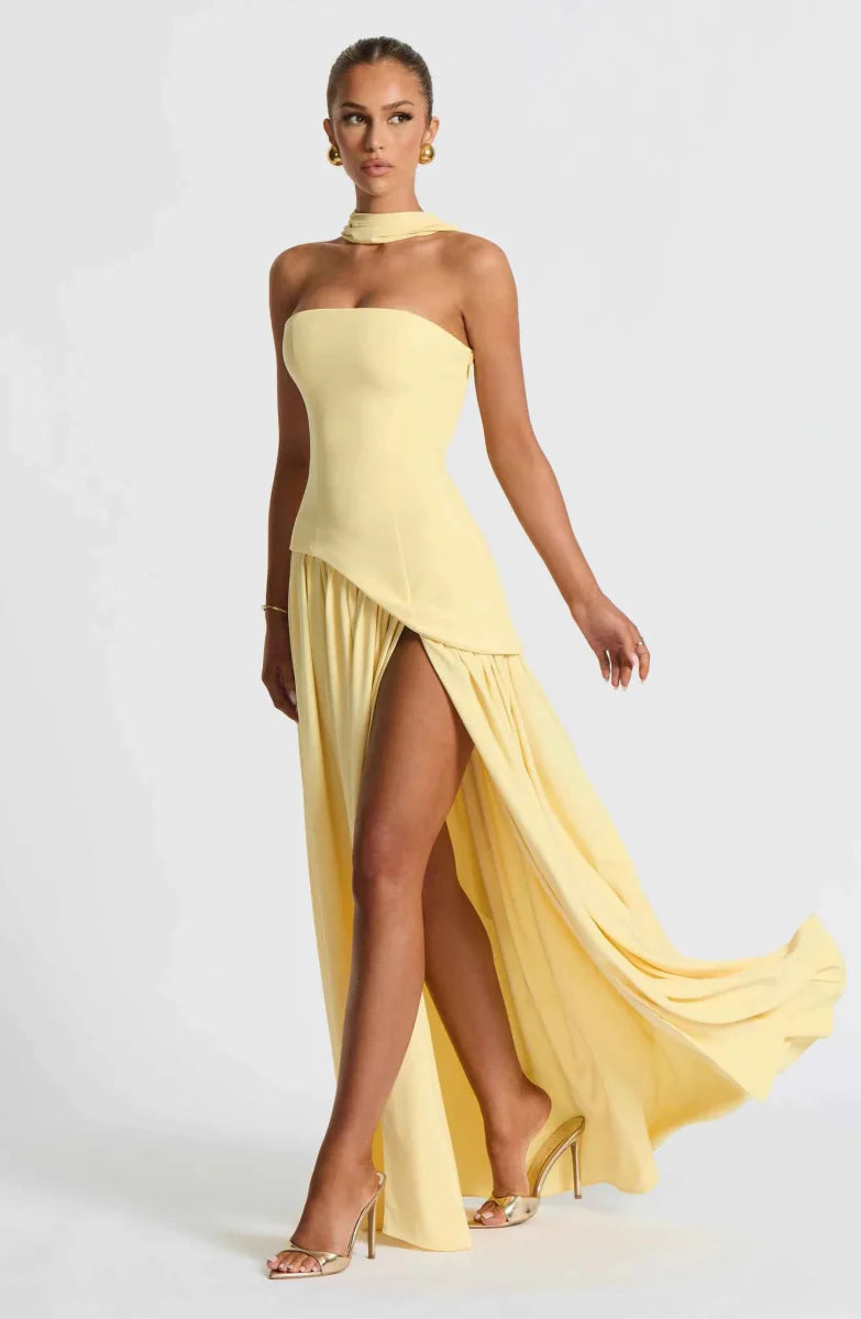 Women's Strapless Asymmetrical High Slit Evening Maxi Dress with Scarf