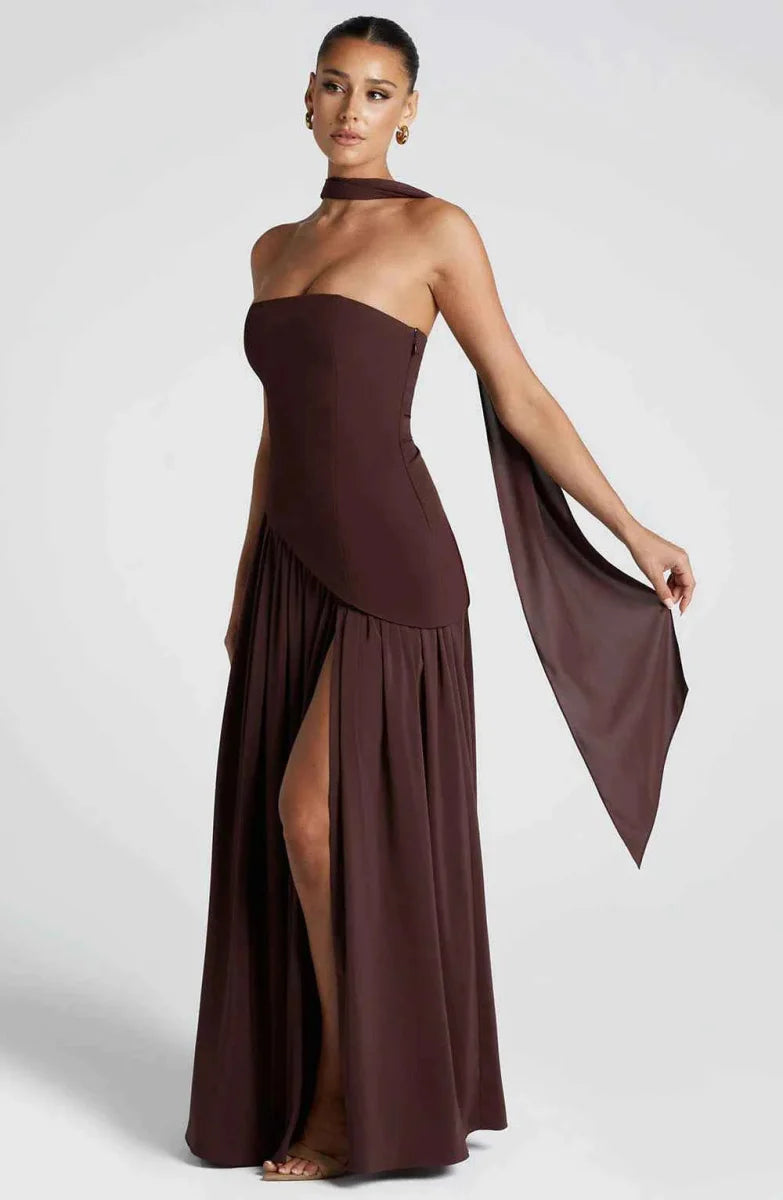 Women's Strapless Asymmetrical High Slit Evening Maxi Dress with Scarf