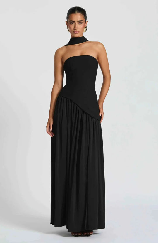 Women's Strapless Asymmetrical High Slit Evening Maxi Dress with Scarf