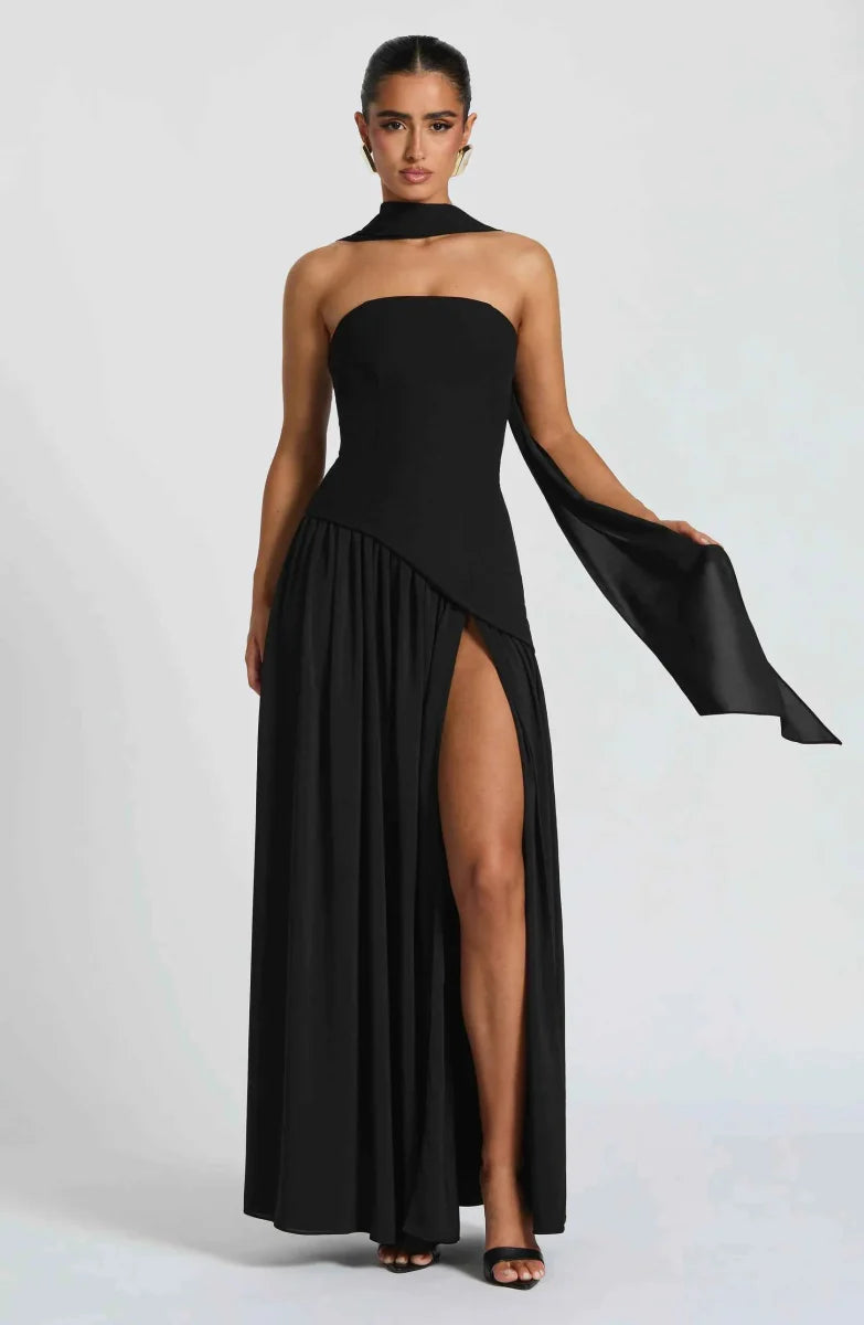 Women's Strapless Asymmetrical High Slit Evening Maxi Dress with Scarf
