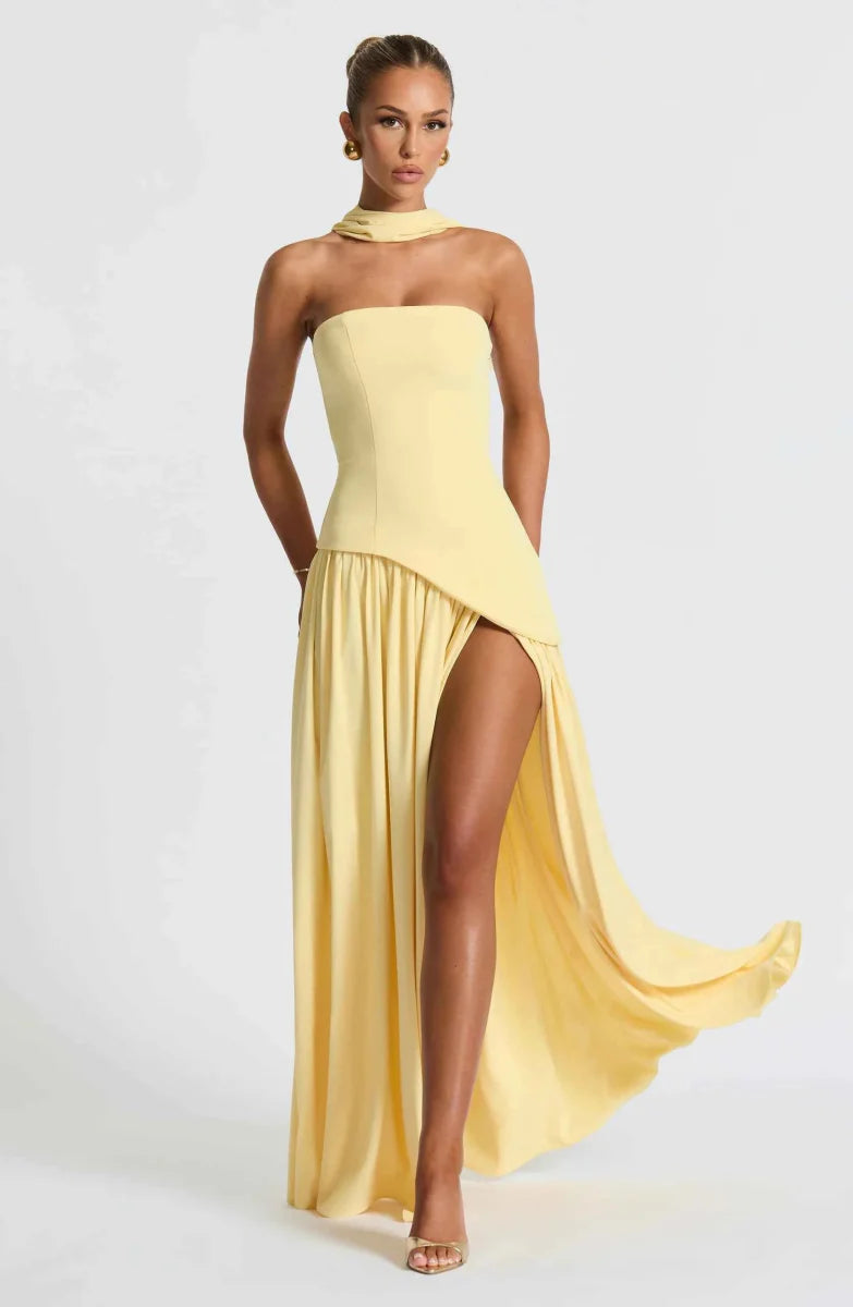 Women's Strapless Asymmetrical High Slit Evening Maxi Dress with Scarf