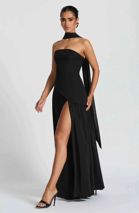 Women's Strapless Asymmetrical High Slit Evening Maxi Dress with Scarf