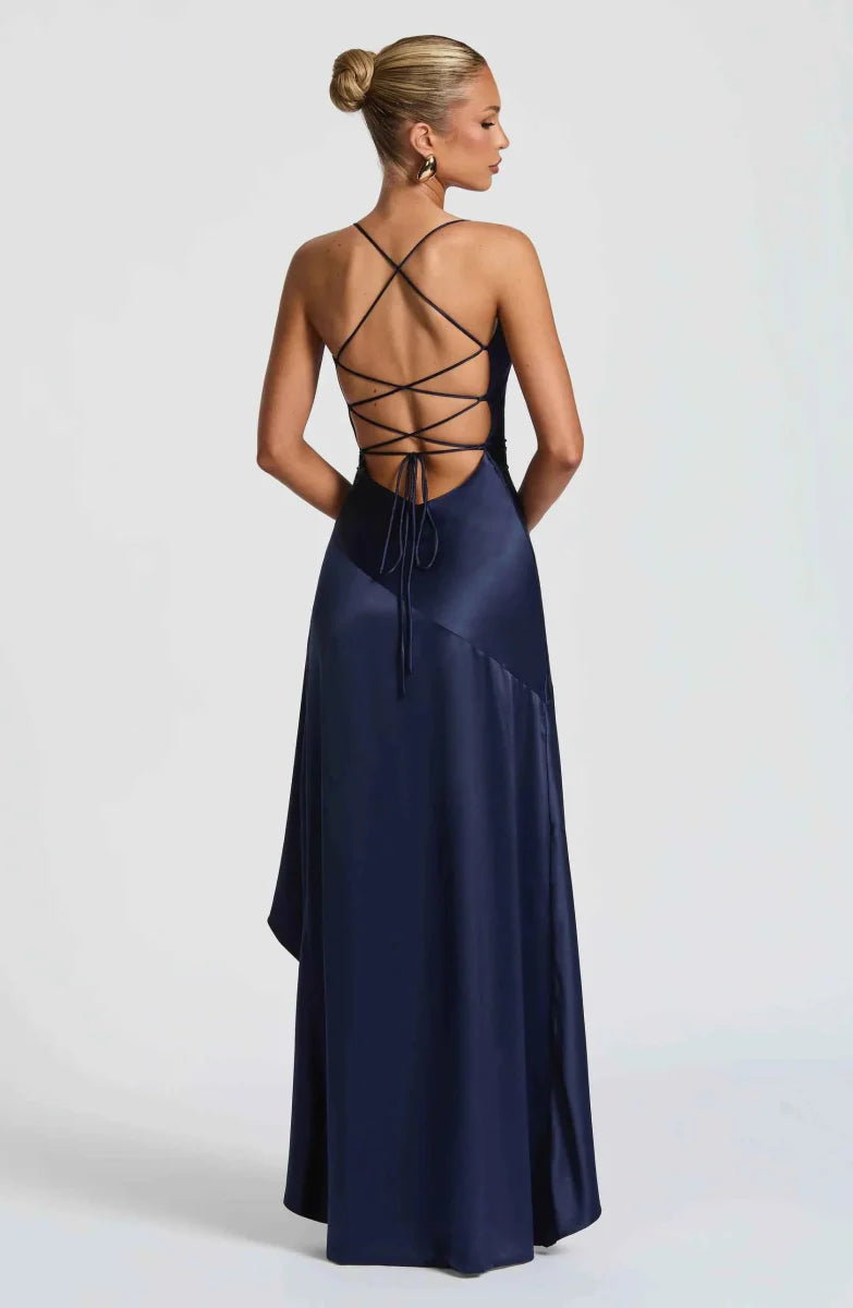 Women's Satin High-Low Ruffle Evening Maxi Dress