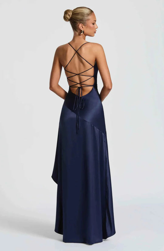 Women's Satin High-Low Ruffle Evening Maxi Dress