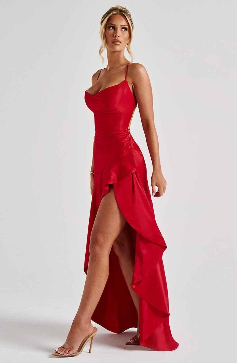 Women's Satin High-Low Ruffle Evening Maxi Dress