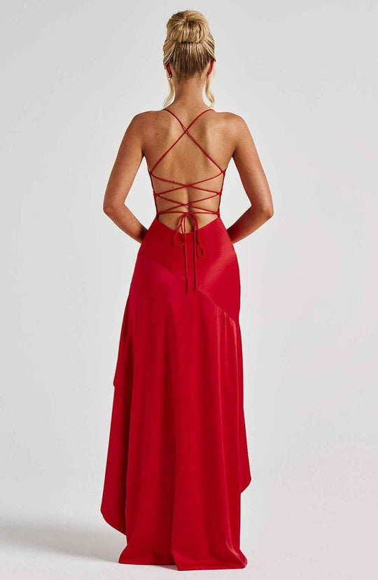 Women's Satin High-Low Ruffle Evening Maxi Dress