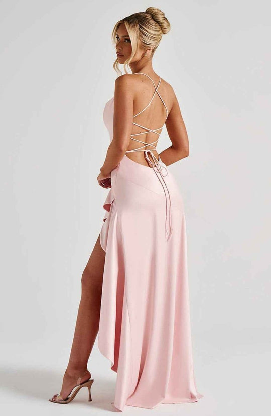 Women's Satin High-Low Ruffle Evening Maxi Dress
