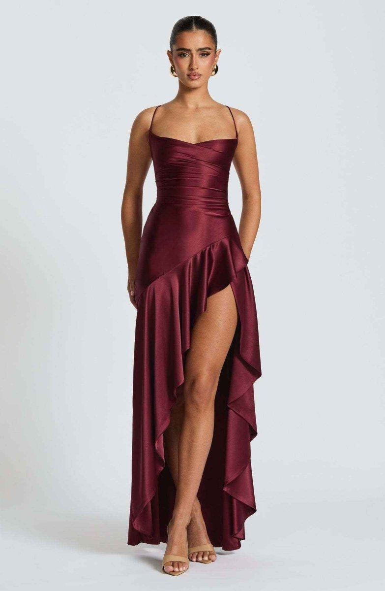 Women's Satin High-Low Ruffle Evening Maxi Dress