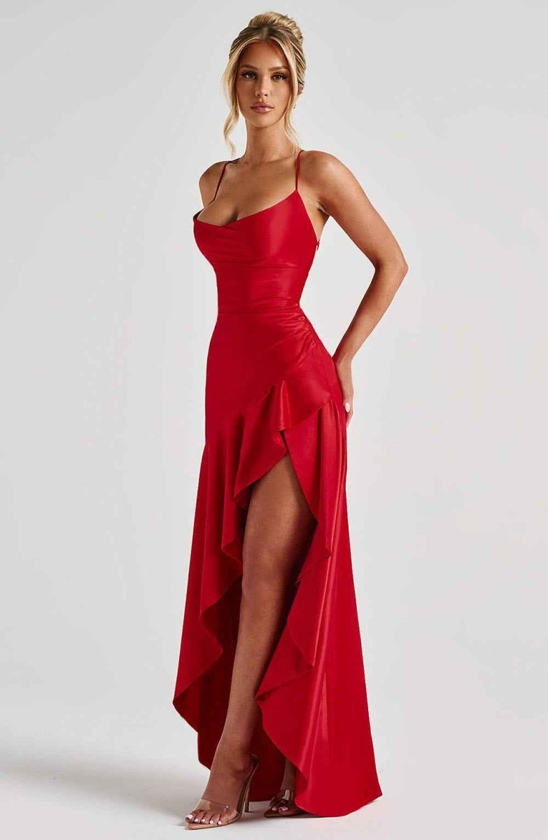 Women's Satin High-Low Ruffle Evening Maxi Dress