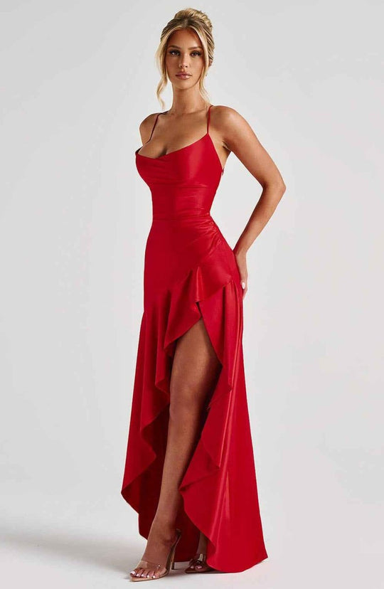 Women's Satin High-Low Ruffle Evening Maxi Dress