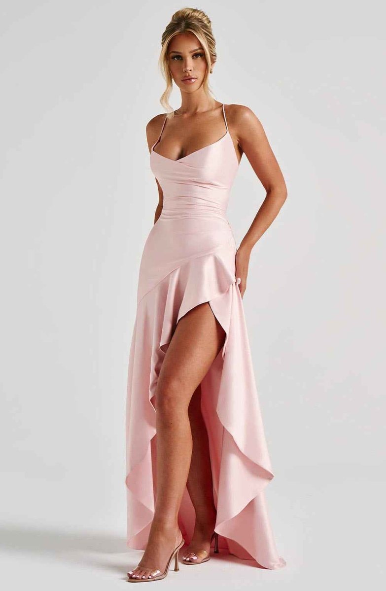 Women's Satin High-Low Ruffle Evening Maxi Dress