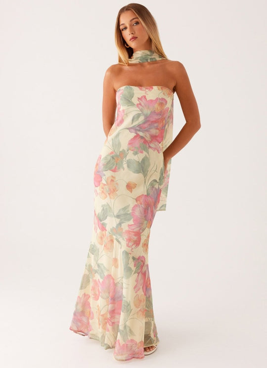 Women's Floral Strapless Scarf Neck Mermaid Maxi Dress