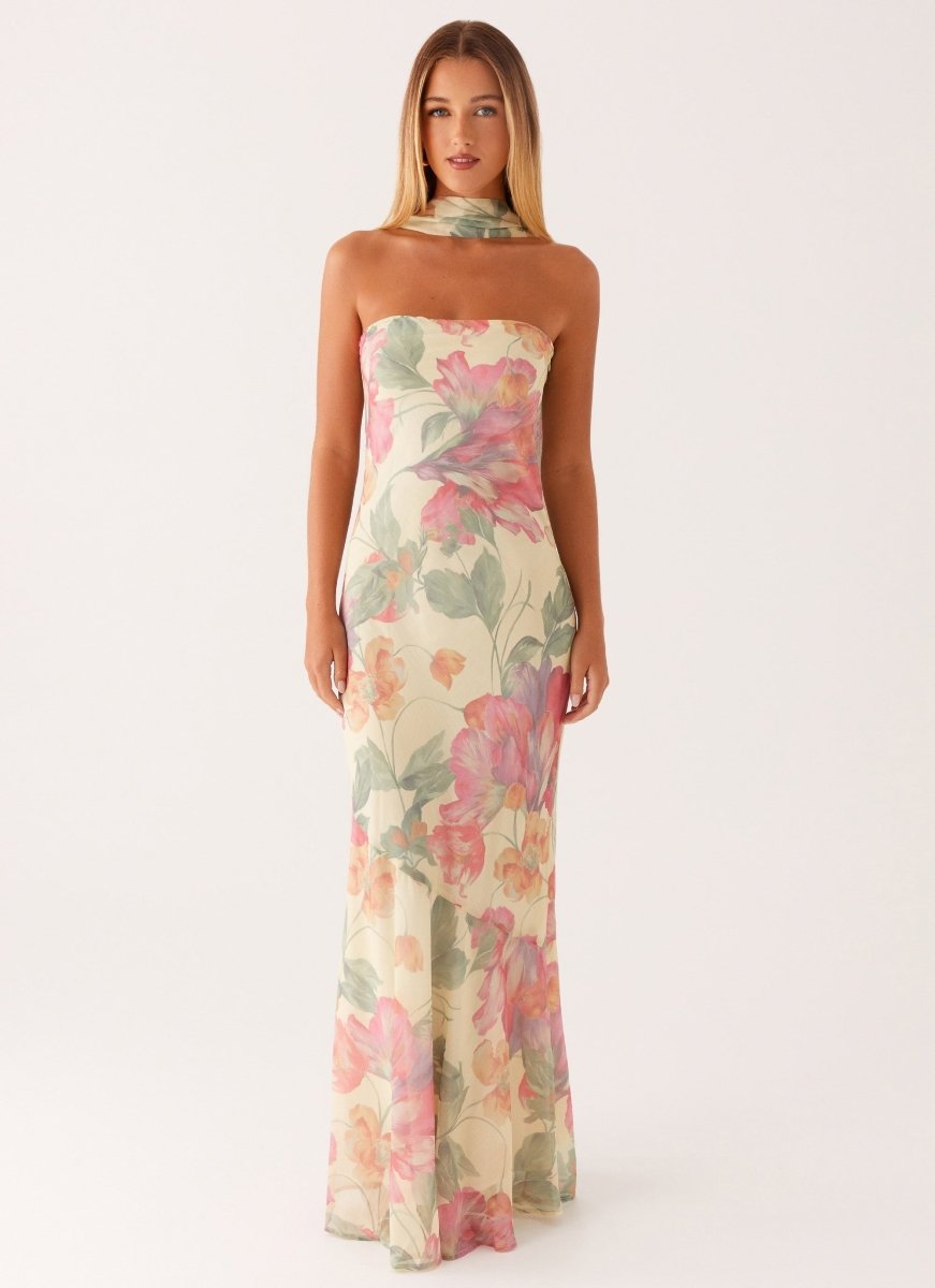 Women's Floral Strapless Scarf Neck Mermaid Maxi Dress