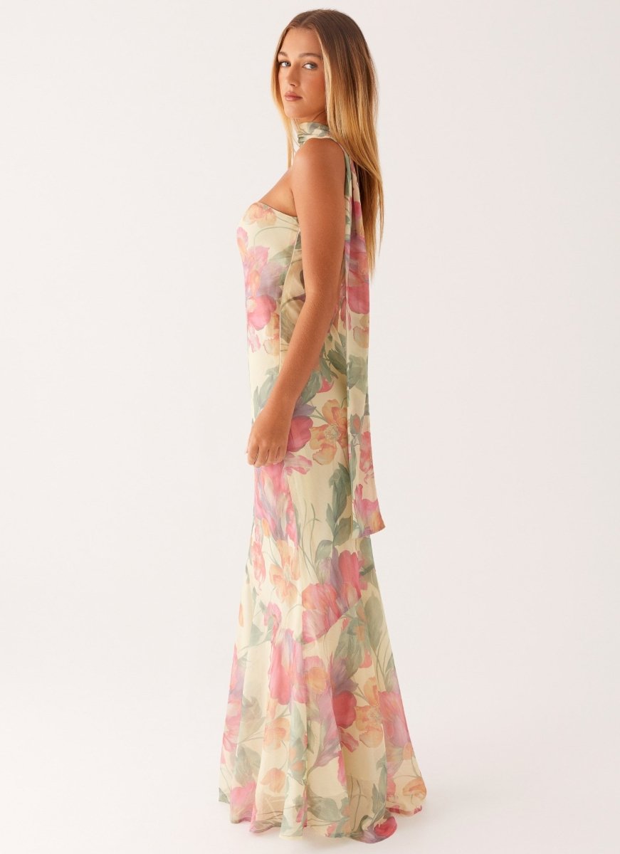 Women's Floral Strapless Scarf Neck Mermaid Maxi Dress