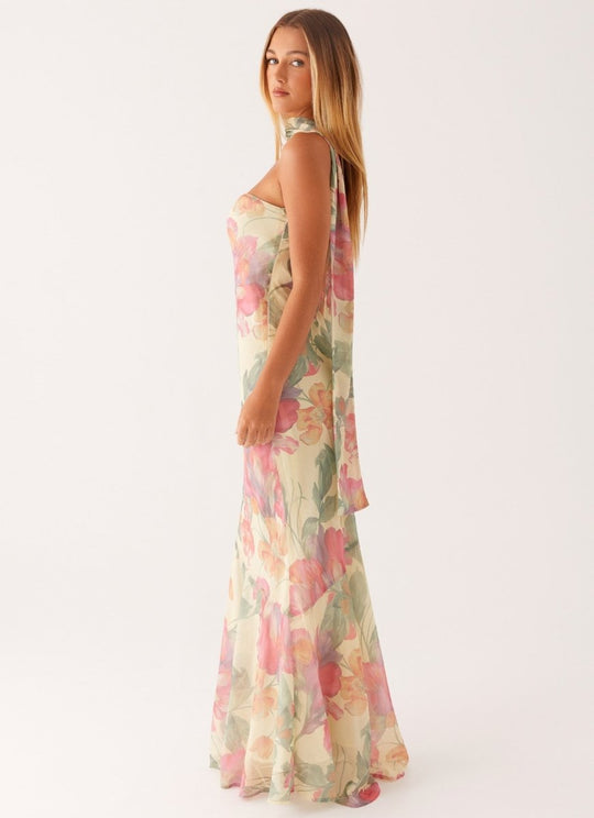 Women's Floral Strapless Scarf Neck Mermaid Maxi Dress
