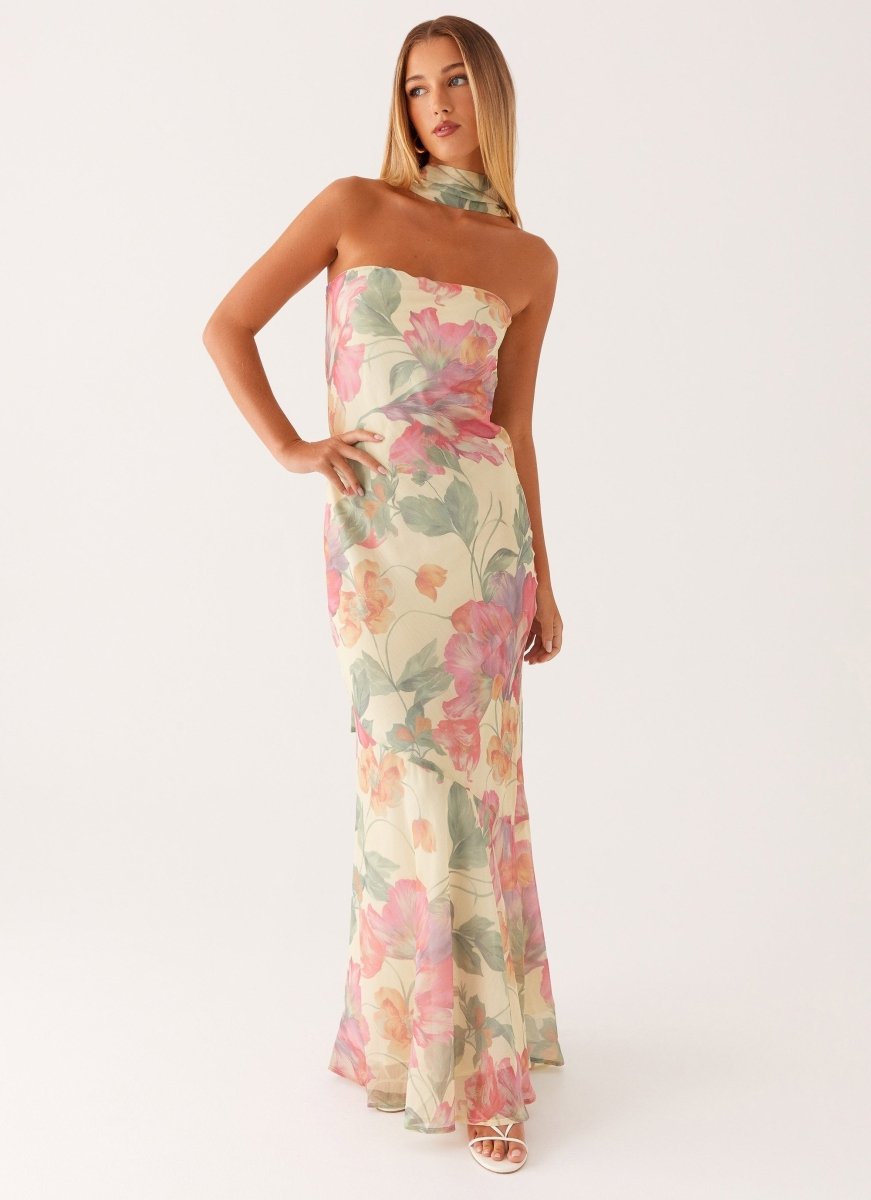 Women's Floral Strapless Scarf Neck Mermaid Maxi Dress