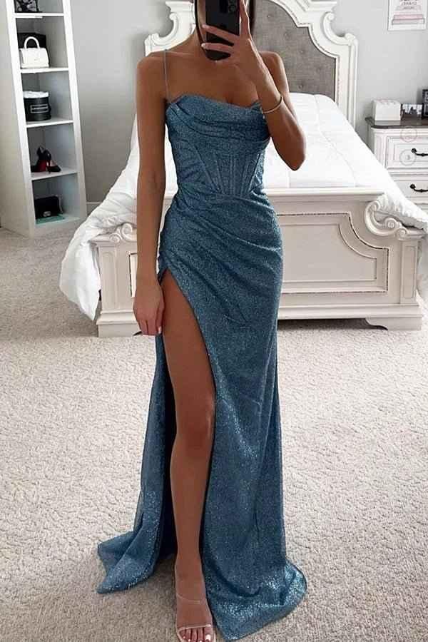 Women's Glitter Corset High Slit Evening Maxi Dress