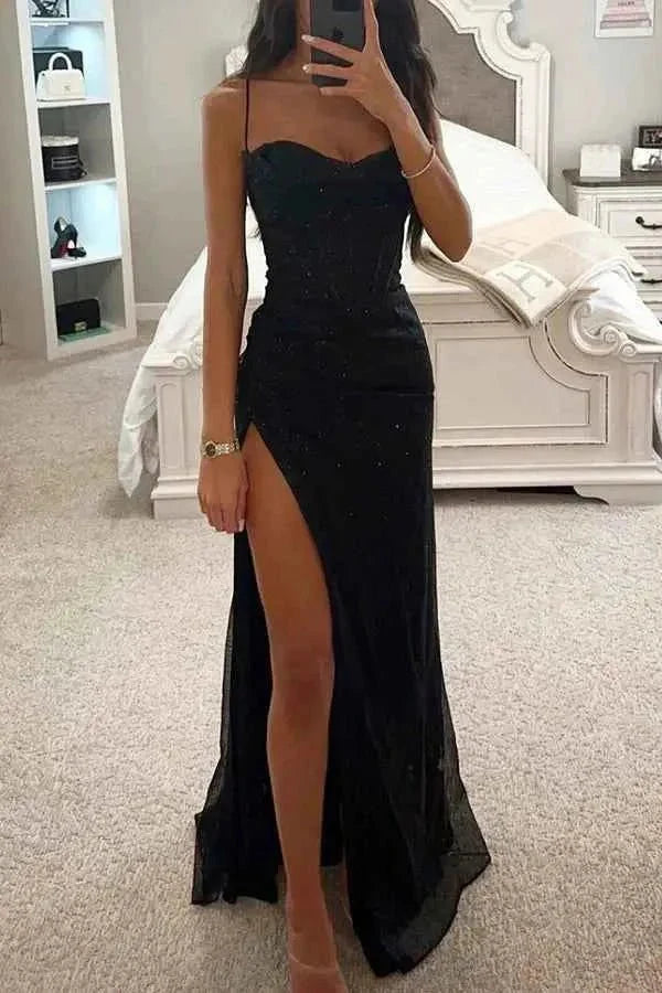 Women's Glitter Corset High Slit Evening Maxi Dress