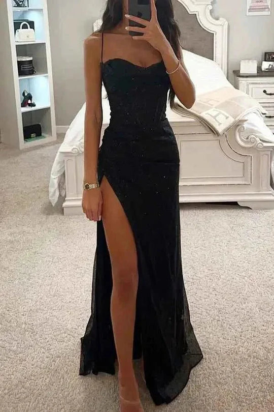 Women's Glitter Corset High Slit Evening Maxi Dress