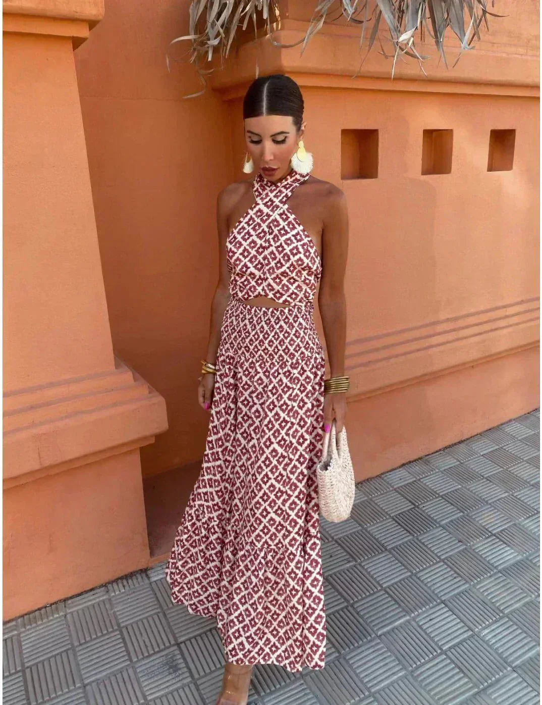 Women's Printed Halter Neck Two-Piece Maxi Set