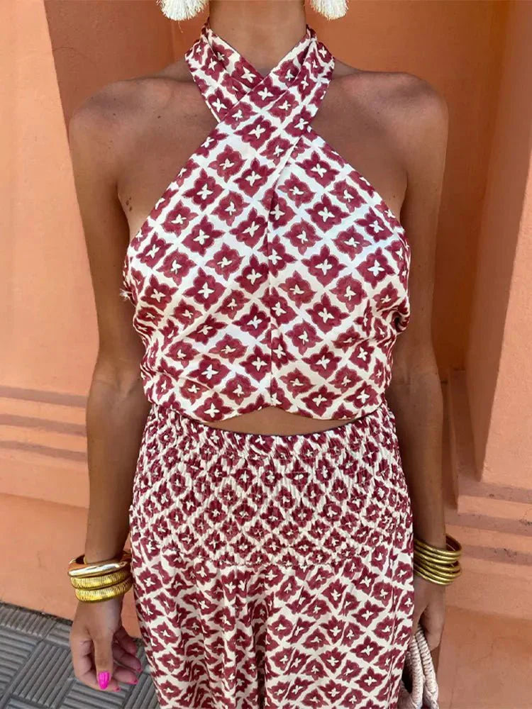 Women's Printed Halter Neck Two-Piece Maxi Set